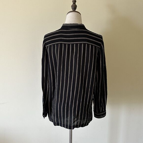 Lauren Ralph Lauren Petite P/L Silk Linen Blouse Black Beige‎ Stripe Button Down - Picture 4 of 10